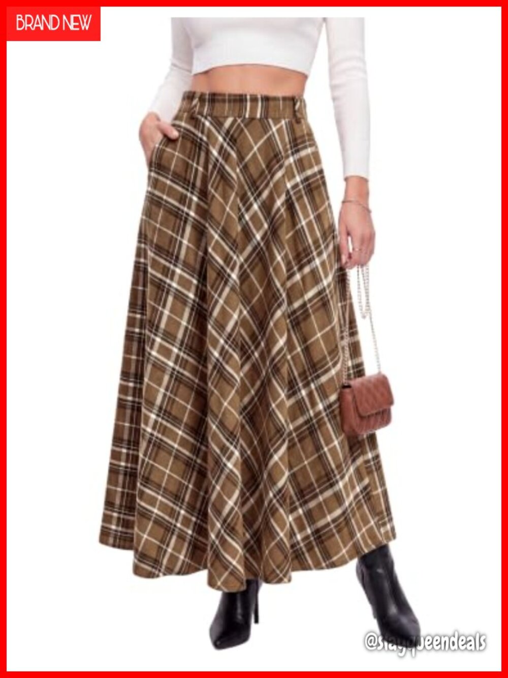 Womens Fall Maxi Skirt with Pockets A-Line High Waist Ankle Length